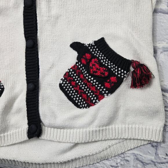 Marisa Canvas White Red Fair Isle Cardigan Mitten Pockets Tassels size Medium - Picture 7 of 12